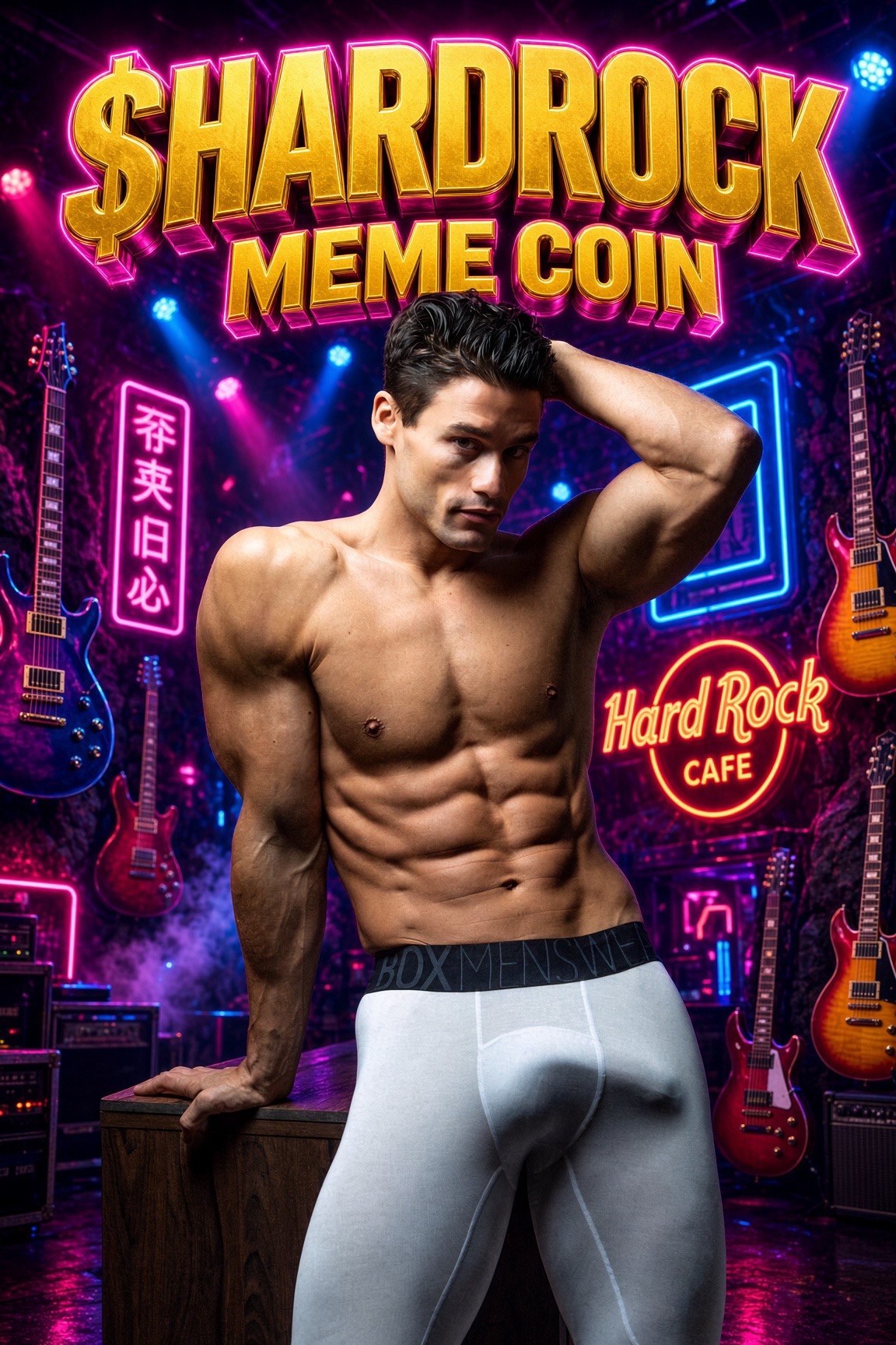 $HARDROCK poster with gold lettering, a male frontman, neon lights and electric guitars.